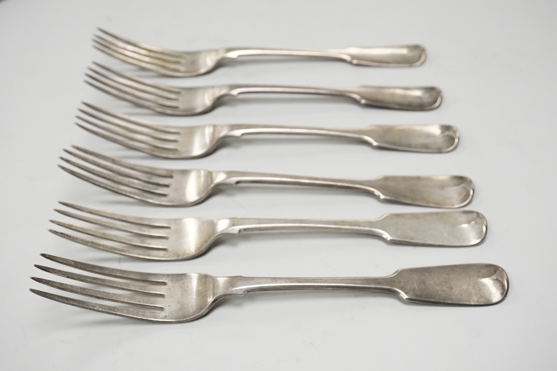 A set of six George IV silver fiddle pattern table forks, by Clement Cheese, London, 1825, 21cm, 13.9oz.